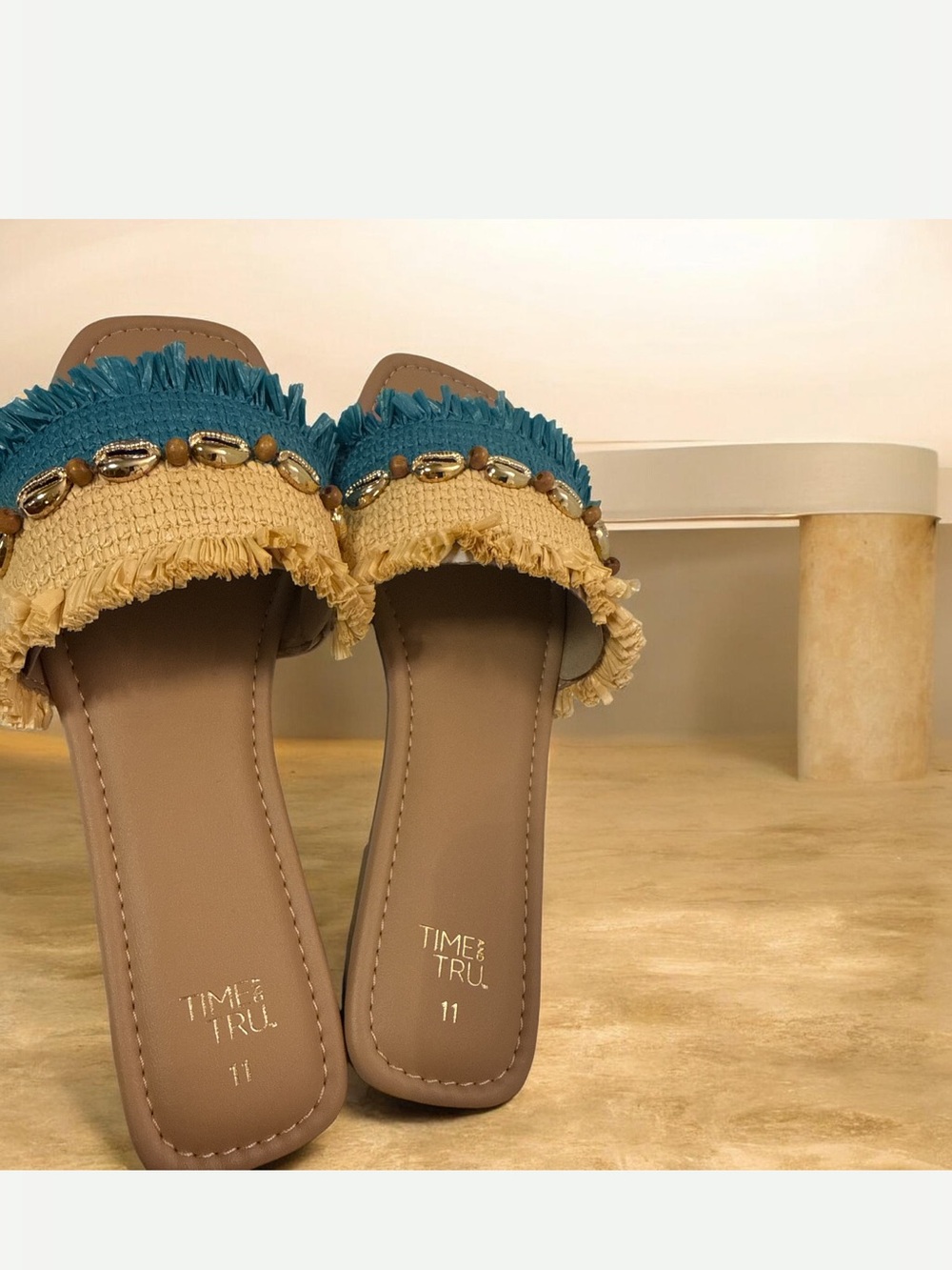 Time and Tru Tan Slides with Teal Fringe and Shell Bead Trim